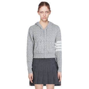 TB麻花连帽针织款休闲开衫灰色上衣tb宽松慵懒风显瘦短款毛衣外套