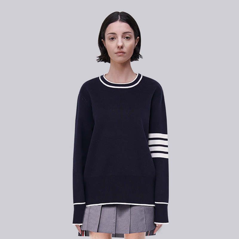 TB针织毛衣女2025新款秋冬条纹藏青色白色边线条男款圆领基础毛衣