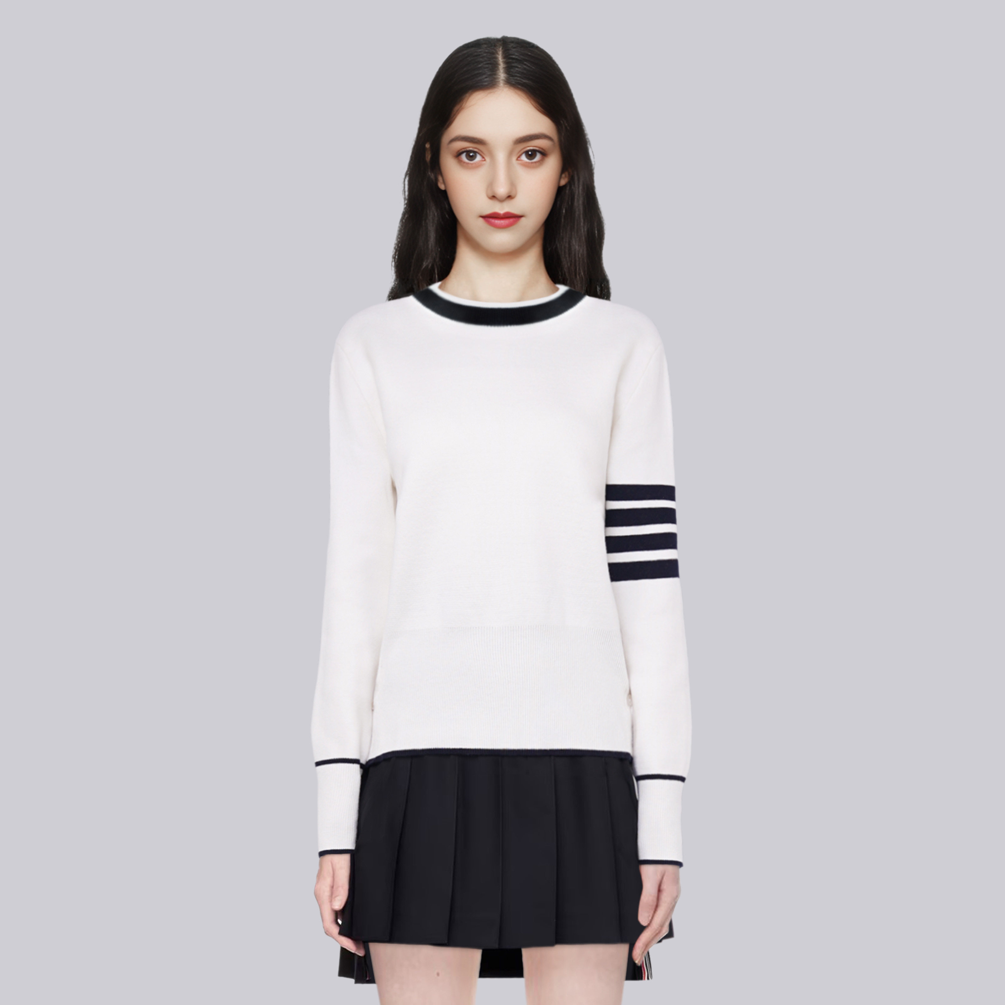 TB新款针织毛衣女秋冬条纹白色边线条情侣款圆领基础简约百搭高级,女装/女士精品,毛衣,淘宝优惠券,粉丝福利购,淘宝优惠卷