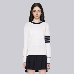 TB新款针织毛衣女秋冬条纹白色边线条情侣款圆领基础简约百搭高级
