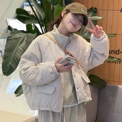 时尚圆领菱形格棉服外套女2025秋冬新款韩系慵懒风轻薄百搭棉衣潮