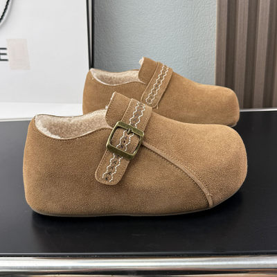 真皮复古毛毛鞋女冬季厚底一脚蹬加绒勃肯鞋2025新款百搭保暖棉鞋