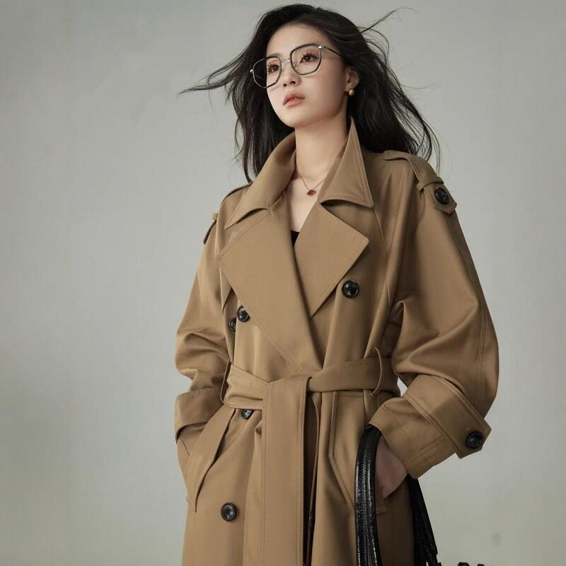 卡其色风衣外套女2025春季新款经典廓形大翻领双排扣气质系带大衣