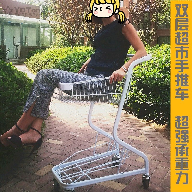 超市双层购物车商场手推车可放手提蓝小推车网红水果置物篮手推车