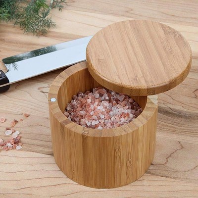 Spice Jar Wooden Round Natural Bamboo Salt Box Container Mod