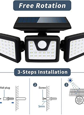 Solar Light 3 Head Motion Sensor Light Outdoor Spotlight 360