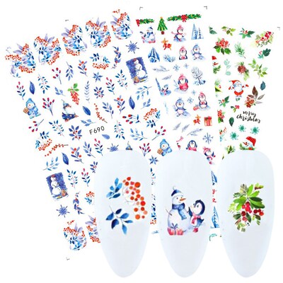 Leaf 3D Nail Stickers Decal Snowman Blue Penguin Floral Sli
