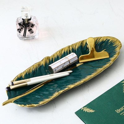 Green Banana Leaf Shape Ceramic Plate Gold Porcelain Charger