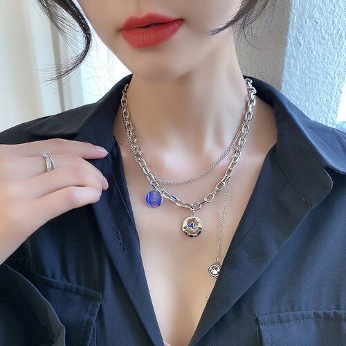 Korean temperament double layer smile face Necklace Pendant