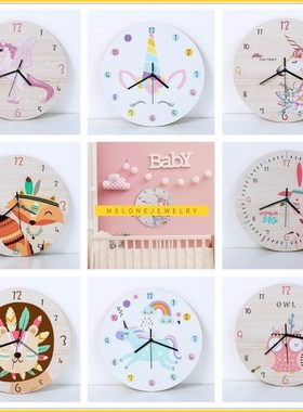 toon Circular nicorn Wall Clock Kids Wooden Silent Reloj de