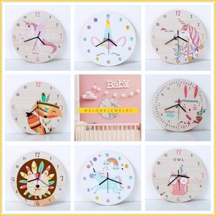 toon Circular nicorn Wall Clock Kids Wooden Silent Reloj de