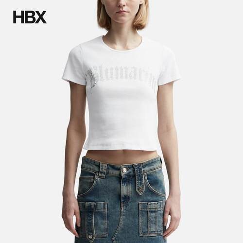Ribbed T-Shirt with Blumarine Logo in Rhinestones 短袖T恤女