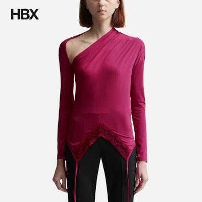 PUSHBUTTON RED ASYMMETRY NECK JERSEY TOP 上衣女HBX