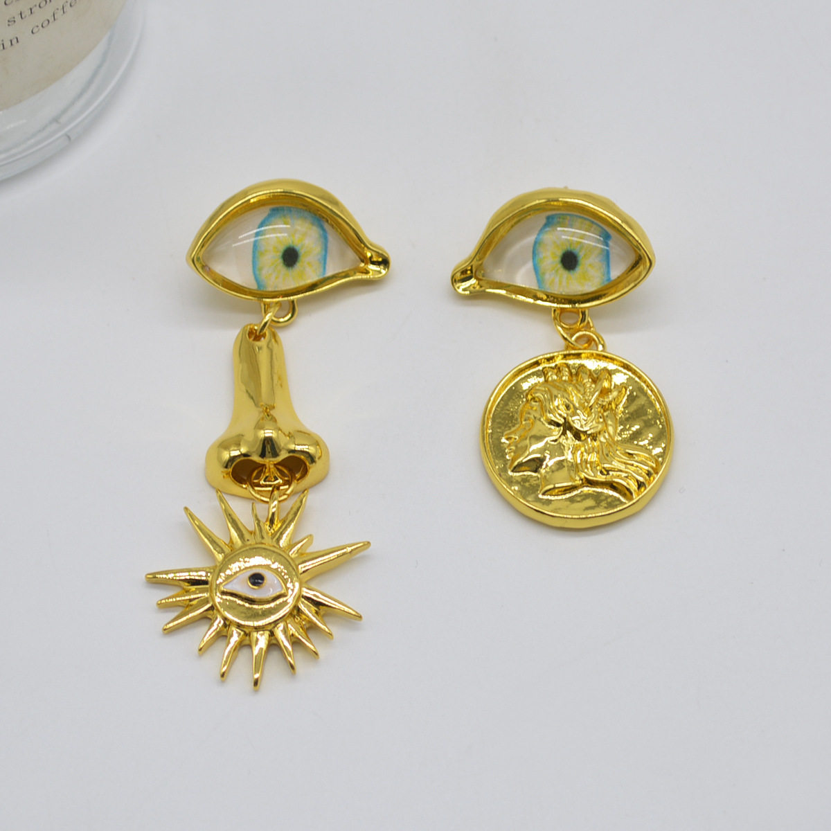 法国capinkofin复古风vintage金色眼睛太阳耳环个性设计恶魔之眼