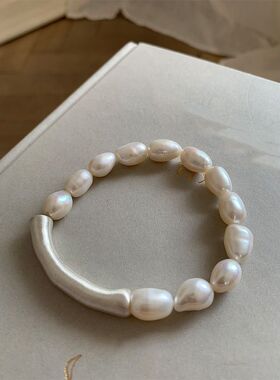 法国CapinKofin新款巴洛克仿珍珠银色弯管弹力手链设计小众设计