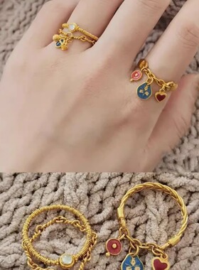 法国capinkofin柯梦兰链条流苏戒指女古法烧蓝宫廷风叠戴气质