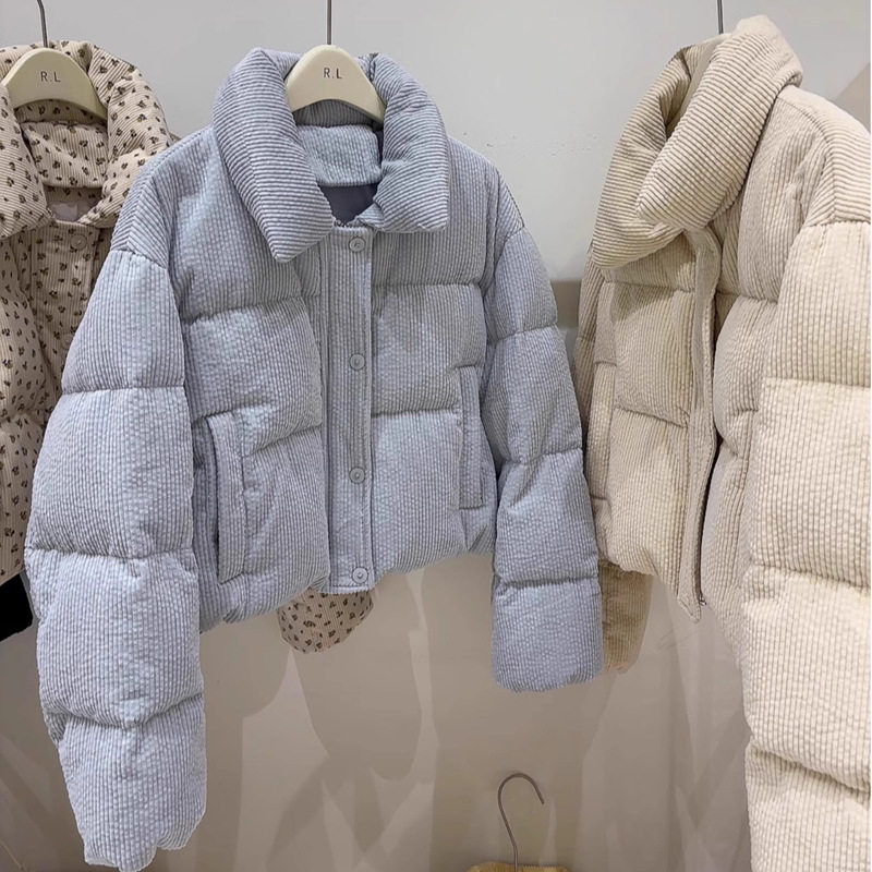 英国topwhit冬季灯芯绒立领宽松短款羽绒棉服女甜美时尚保暖
