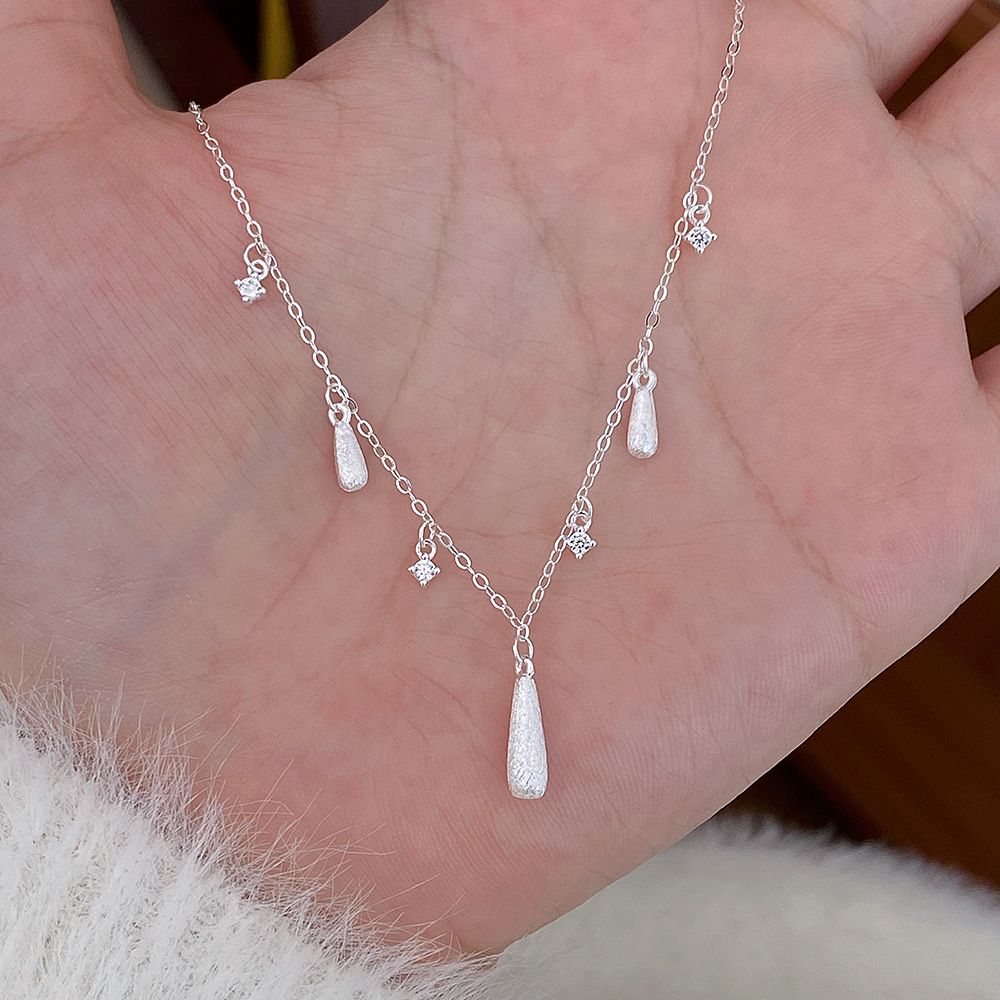 日本品质s925纯银拉丝水滴锆石项链小众气质流苏设计简约百搭清冷