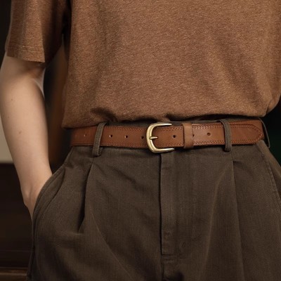 日本品质起 手工复古女士皮带 棕色宽边铜扣头层牛皮腰带时尚简约