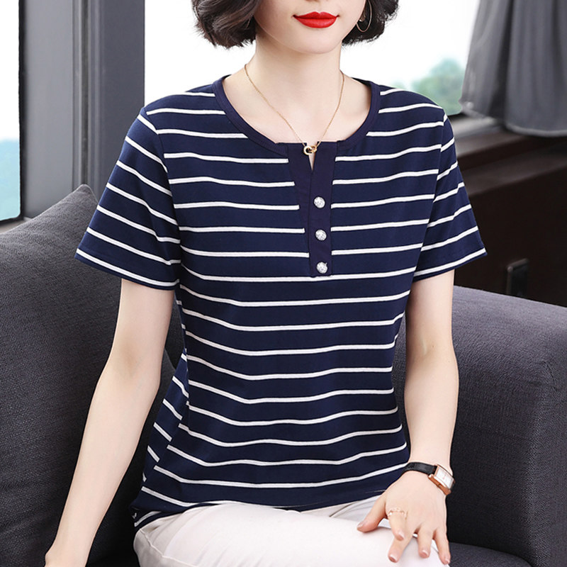 妈妈装夏装洋气纯棉t恤短袖女士大码50岁中老年女装新款条纹半袖