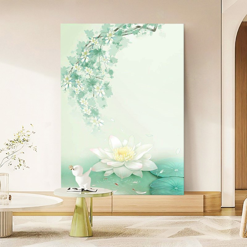 优选奶油风荷花纯手绘油画入户玄关装饰画客厅抽象丙烯肌理画莲花图片