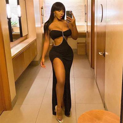 欧美水钻露背镂空包臀连衣裙Rhinestone Open Back Cutout Dress