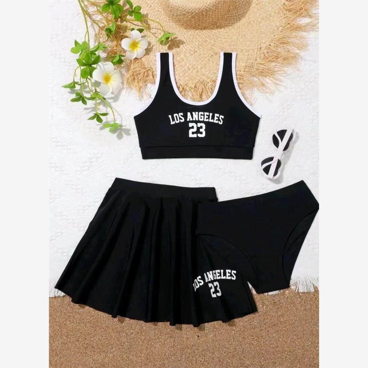 欧美外贸出口儿童泳衣中小女童大童运动背心款分体裙式三件套速干