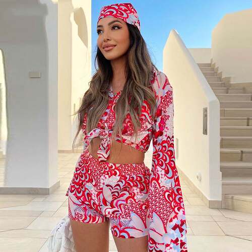 Women casual set long-sleeved shirt shorts turban 3piece set