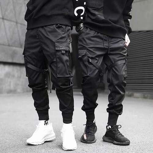 Men Block Black Pocket Cargo Pants Joggers Sweatpant Hip Hop