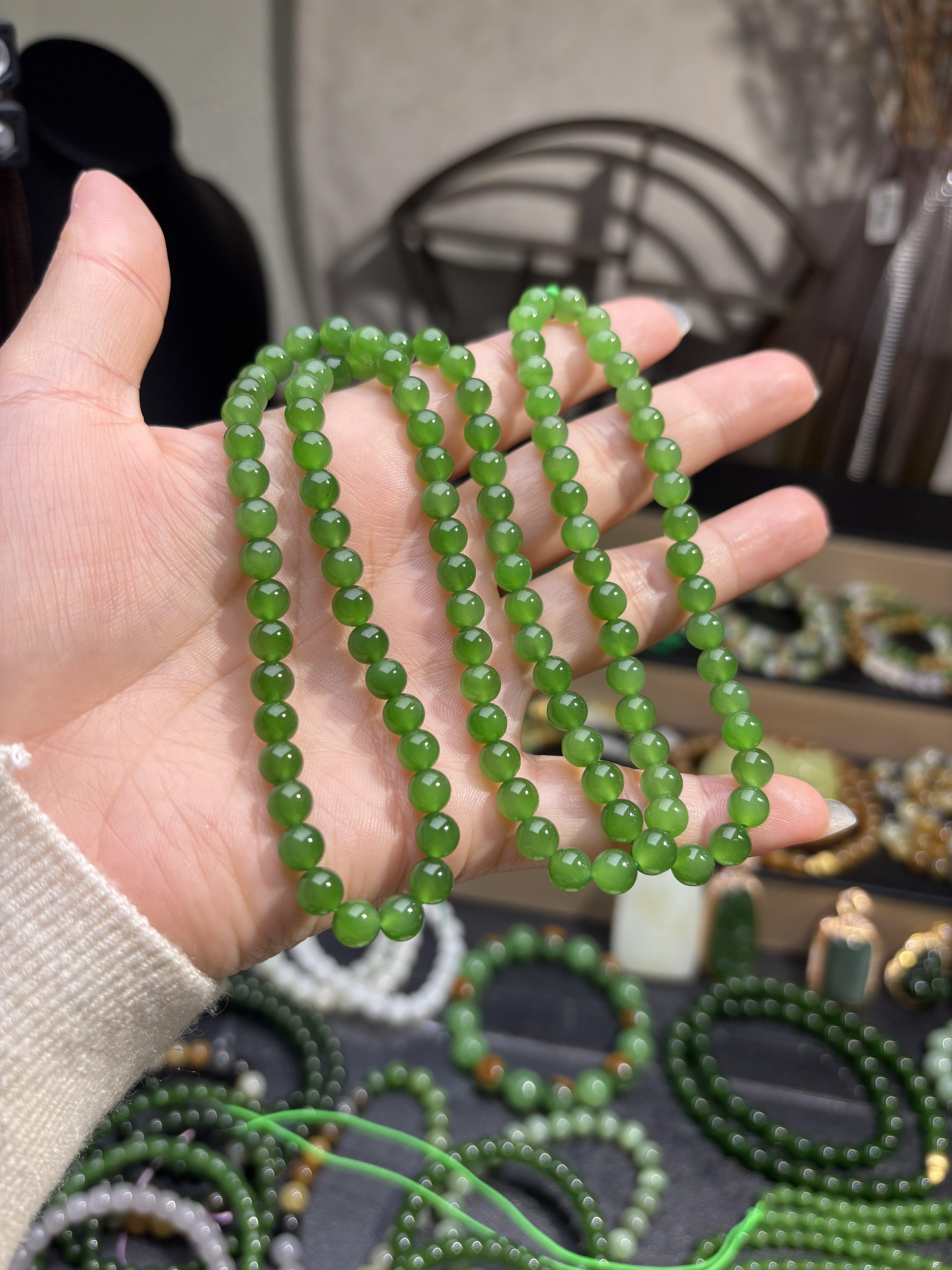 和田玉碧玉起冰起胶果阳绿6mm玉石手链多圈手串