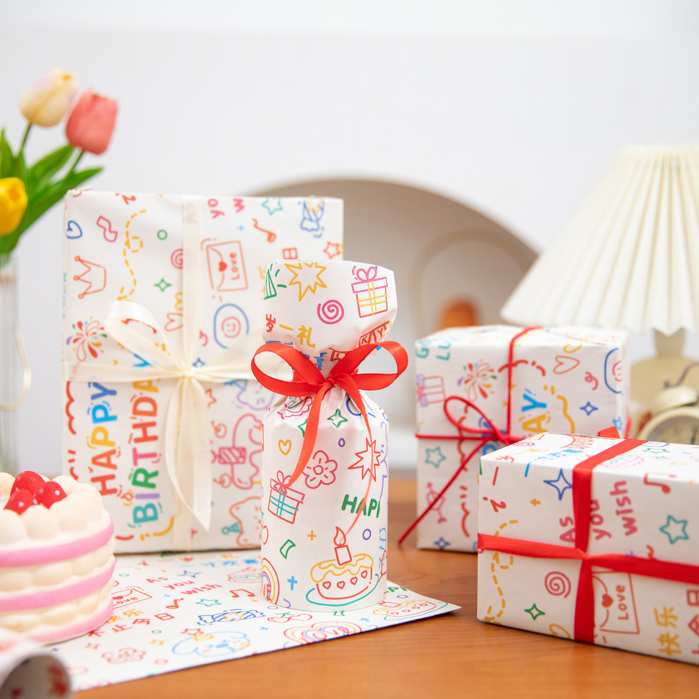 简约文艺生日礼物折叠包装纸礼品装饰纸送朋友礼物卡通小猫手工素材纸