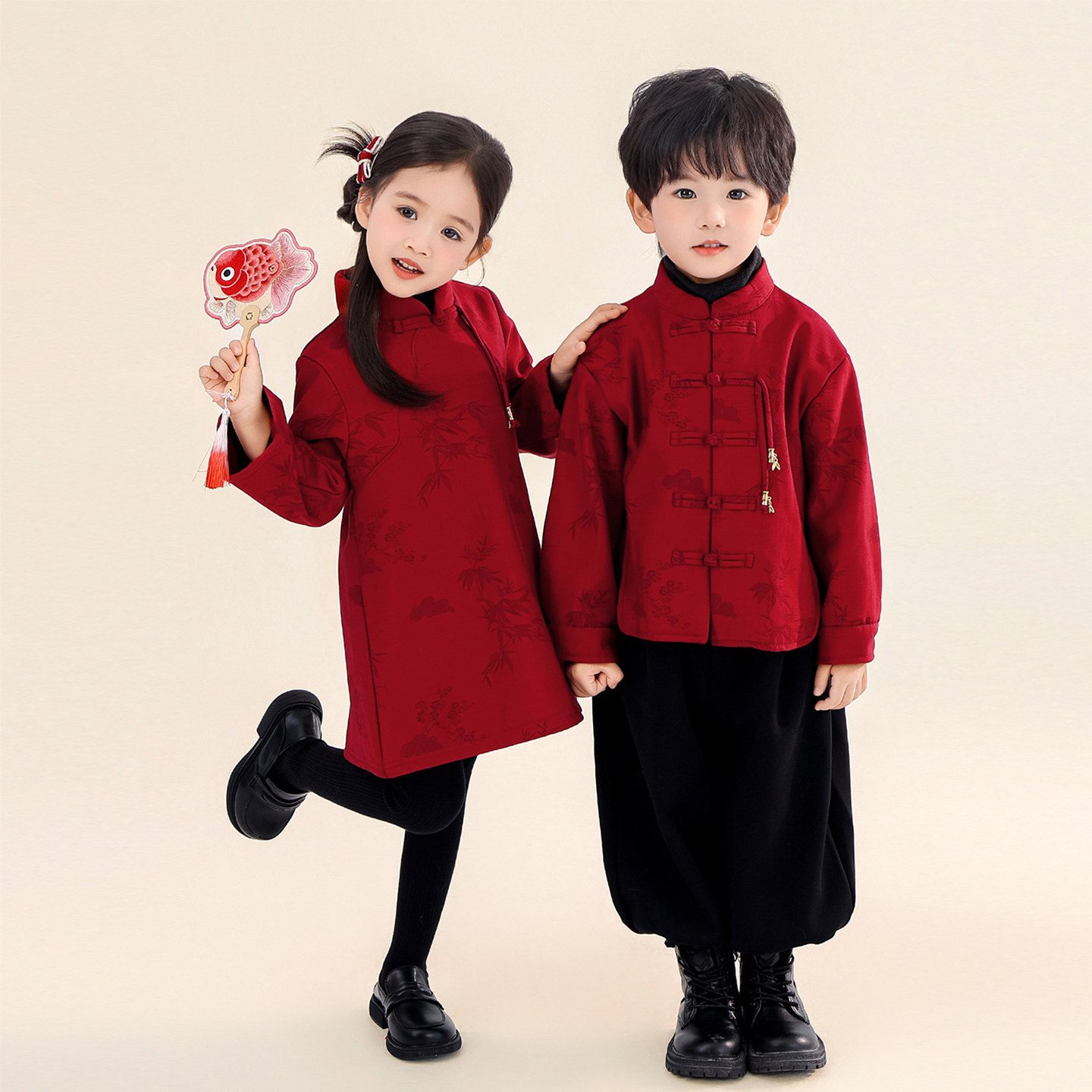 男童拜年服唐装过年服冬装2026新款女童连衣裙加绒中国风儿童套装