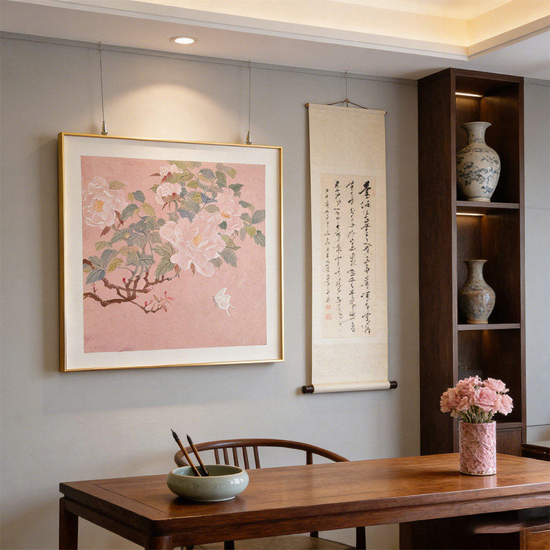 粉色牡丹海棠花白蝴蝶国风客厅装饰画新中式高级卧室书房挂画