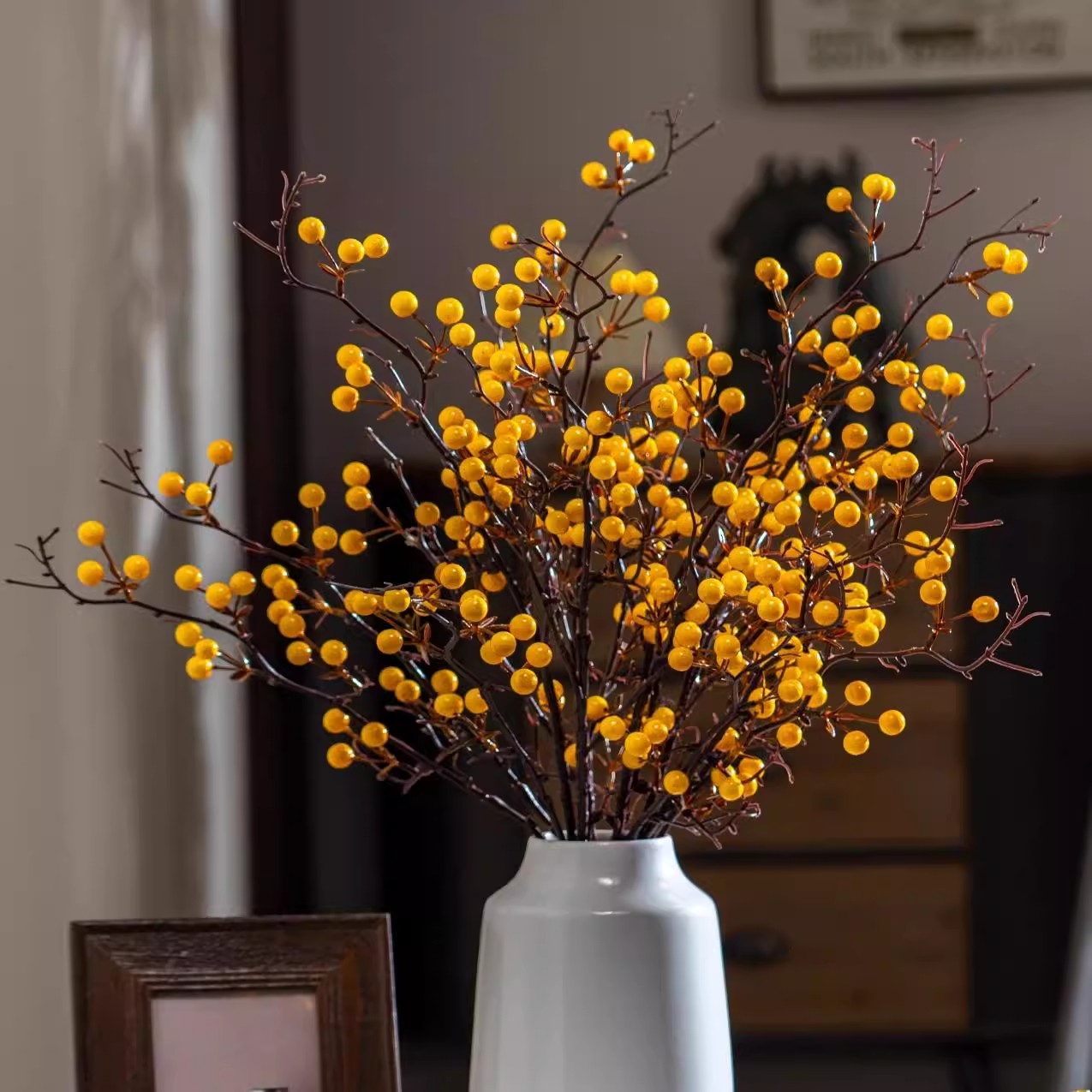 冬青红果发财果仿真花摆件假花干花束客厅餐桌面红色招财浆果喜庆