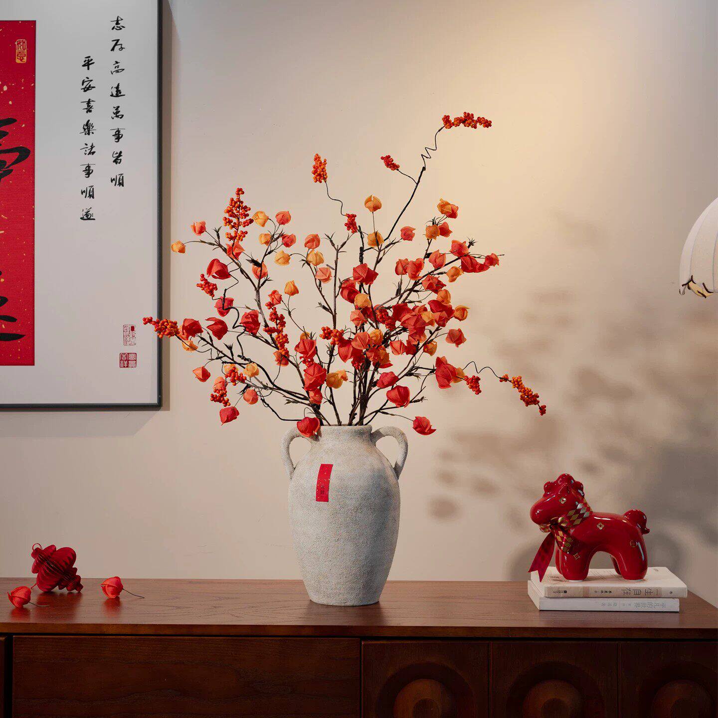 仿真串串金果秋叶枯枝假花发财果浆果客厅餐厅插花过年装饰花