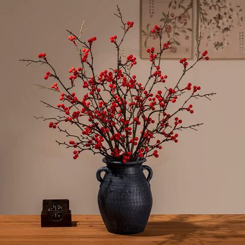 新中式客厅冬青红果仿真大小浆果发财果假花餐桌花艺摆件插花摆设