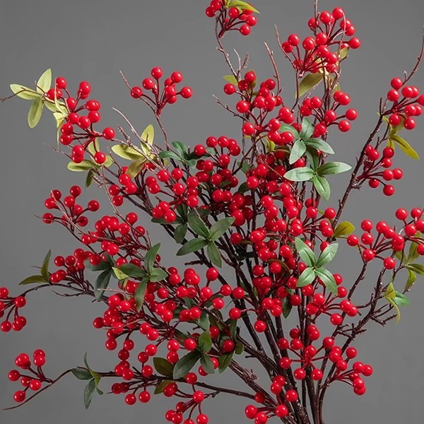 仿真带叶红果发财果仿真花摆件冬青浆果树枝客厅装饰假花摆设干花