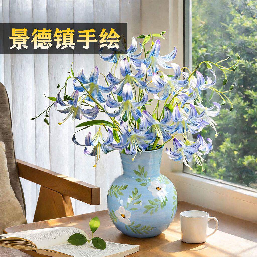 蓝色百合花假花仿真花绢花摆设客厅阳台桌面餐桌装饰花艺摆件插花