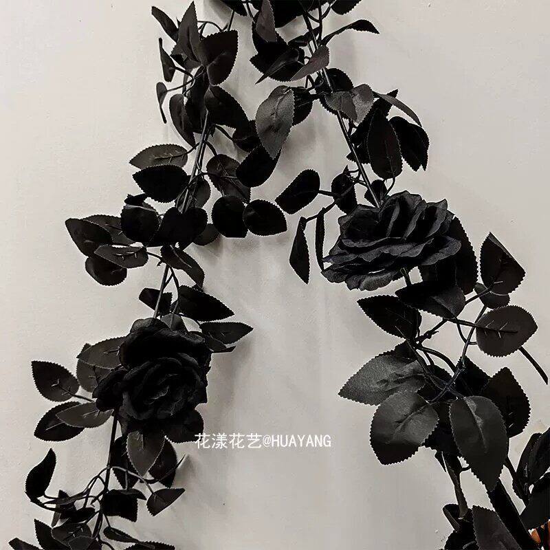 圣诞节黑色玫瑰叶藤条装饰品暗黑风酒吧墙面藤蔓布景假花玫瑰花条