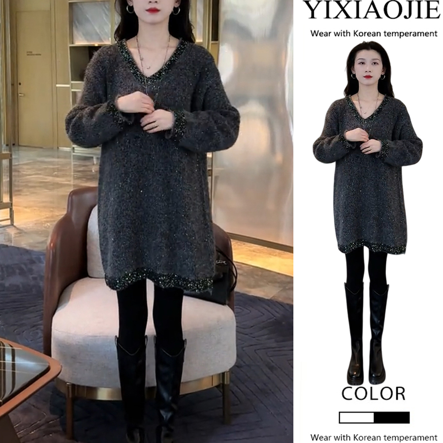 秋冬新款气质休闲法式宽松百搭细闪亮片V领长袖上衣+打底裤两件套