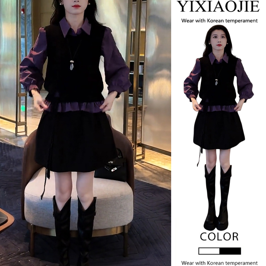 秋冬新款休闲学院风宽松收腰衬衫上衣+百搭马甲+高腰半身裙三件套