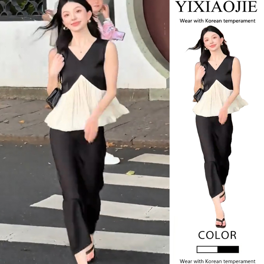 夏季新款气质显瘦黑白撞色拼接荷叶边无袖上衣+半身裙两件套