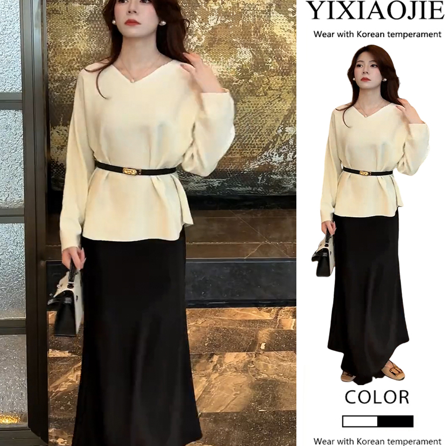 秋季新款气质V领时尚休闲宽松显瘦长袖上衣配腰带+半身裙两件套