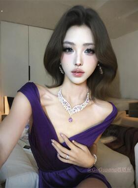 爆闪紫色水滴锆石项炼耳环套装女轻奢高级感贵气晚礼服配饰锁骨炼