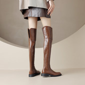 真皮低跟平底长筒靴女2025秋冬新款 圆头棕色加绒过膝靴高筒骑士靴