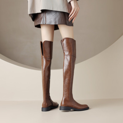 真皮低跟平底过膝高筒骑士靴女