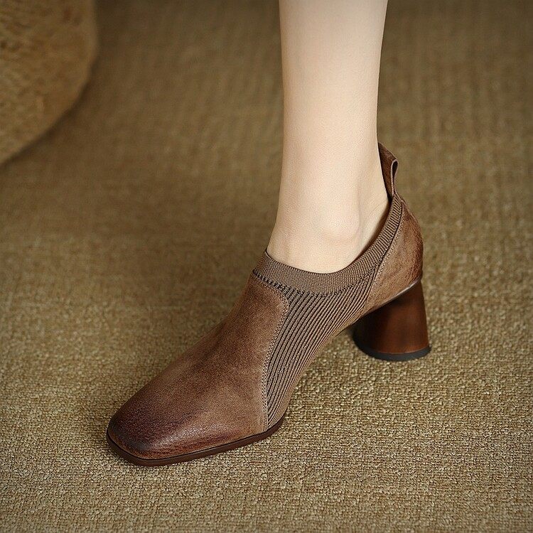 复古风擦色方头粗跟高跟鞋针织拼接深口单鞋春季简约一脚蹬女鞋潮,女鞋,深口单鞋,淘宝优惠券,粉丝福利购,淘宝优惠卷