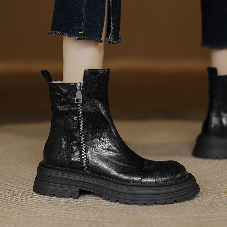 真皮复古小个子厚底英伦风侧拉链马丁靴女2025黑色圆头短靴秋冬季