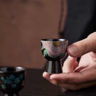 归鸿 洞上造物牡丹高脚杯缂丝陶瓷主人茶杯品茗杯功夫茶具单杯盏