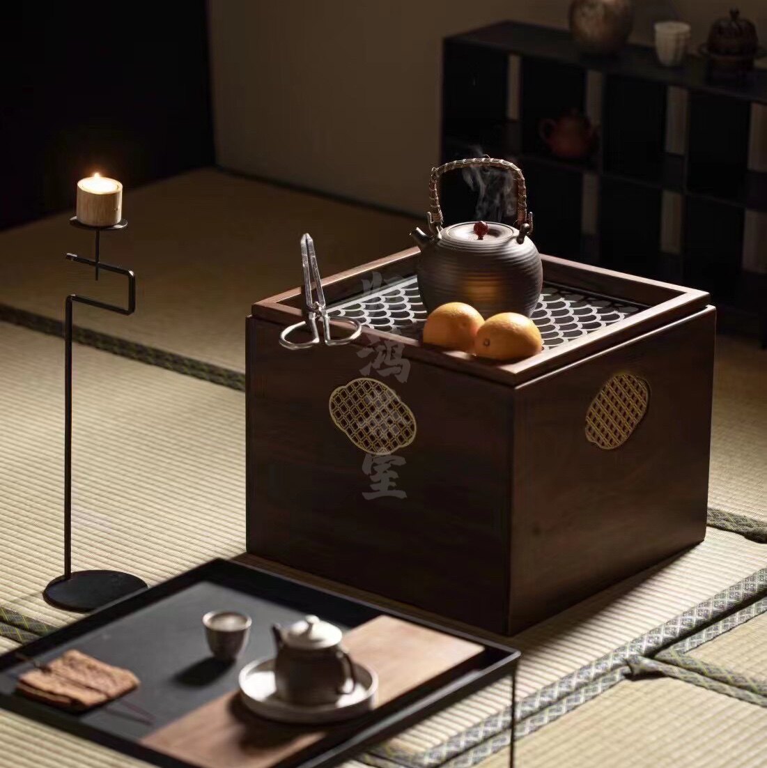 归鸿日式胡桃木室内围炉煮茶桌子碳火煮茶炉日本火钵炉箱炭烤茶炉